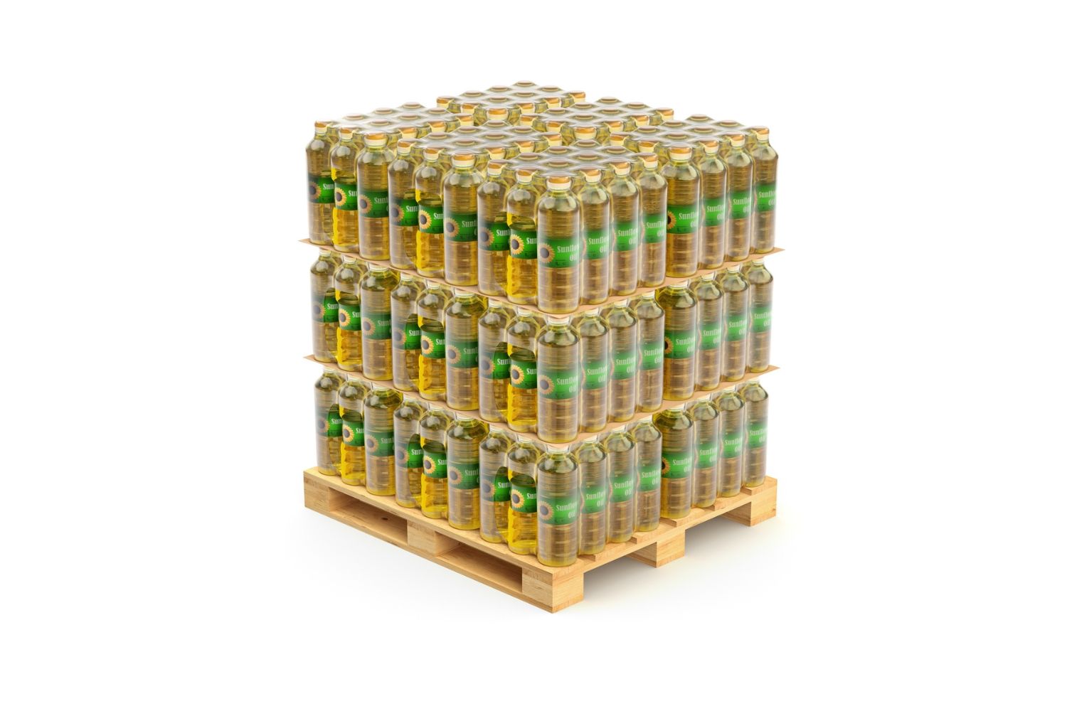 Palletized oil bottles
